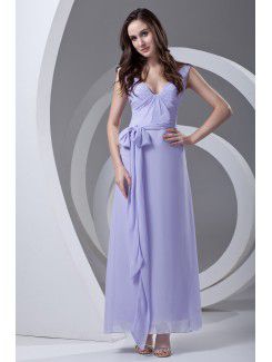 Chiffon V-Neckline Column Ankle-Length Sash Prom Dress