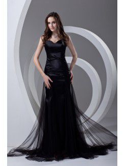 Satin and Net Sweetheart Sheath Sweep Train Prom Dress