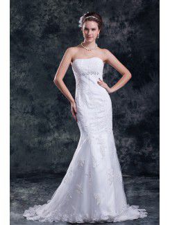 Satin and Net Strapless Sweep Train Sheath Embroidered Wedding Dress