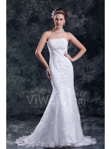 Satin and Net Strapless Sweep Train Sheath Embroidered Wedding Dress