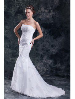 Satin and Net Strapless Sweep Train Sheath Embroidered Wedding Dress