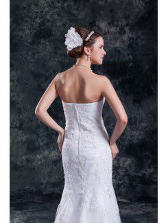 Satin and Net Strapless Sweep Train Sheath Embroidered Wedding Dress