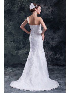 Satin and Net Strapless Sweep Train Sheath Embroidered Wedding Dress