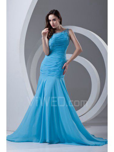 Chiffon Asymmetrical Sheath Sweep Train Directionally Ruched Prom Dress