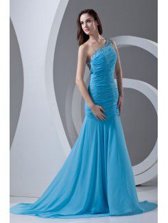 Chiffon Asymmetrical Sheath Sweep Train Directionally Ruched Prom Dress