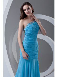 Chiffon Asymmetrical Sheath Sweep Train Directionally Ruched Prom Dress