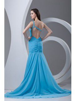 Chiffon Asymmetrical Sheath Sweep Train Directionally Ruched Prom Dress