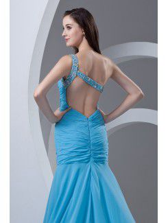 Chiffon Asymmetrical Sheath Sweep Train Directionally Ruched Prom Dress