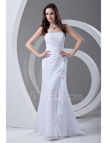 Chiffon Strapless Sheath Sweep Train Embroidered Prom Dress