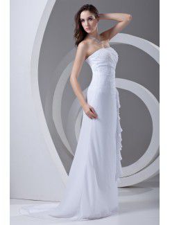 Chiffon Strapless Sheath Sweep Train Embroidered Prom Dress