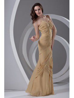 Chiffon Spaghetti Column Floor Length Gathered Ruched Prom Dress