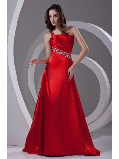 Satin One-Shoulder A-line Sweep Train Sequins Prom Dress