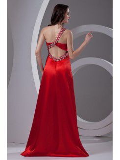 Satin One-Shoulder A-line Sweep Train Sequins Prom Dress