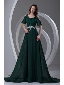 Chiffon Straps A-line Sweep Train Embroidered Prom Dress