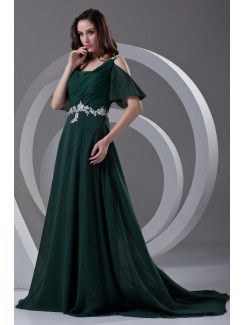 Chiffon Straps A-line Sweep Train Embroidered Prom Dress