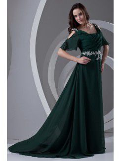 Chiffon Straps A-line Sweep Train Embroidered Prom Dress