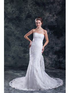 Lace Strapless Sweep Train Sheath Embroidered Wedding Dress