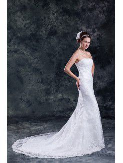 Lace Strapless Sweep Train Sheath Embroidered Wedding Dress