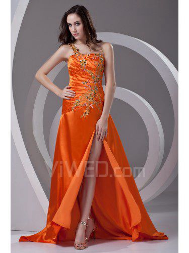 Satin Strapless A-line Sweep Train Embroidered Prom Dress