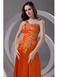 Satin Strapless A-line Sweep Train Embroidered Prom Dress