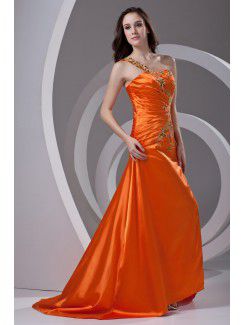 Satin Strapless A-line Sweep Train Embroidered Prom Dress