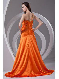 Satin Strapless A-line Sweep Train Embroidered Prom Dress