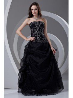 Organza Strapless A-line Floor Length Embroidered Prom Dress