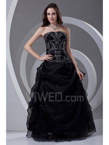 Organza Strapless A-line Floor Length Embroidered Prom Dress