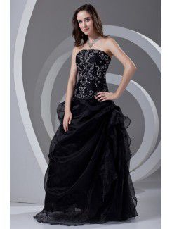 Organza Strapless A-line Floor Length Embroidered Prom Dress