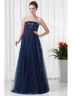 Chiffon en net strapless a-lijn vloer lengte geborduurd galajurk