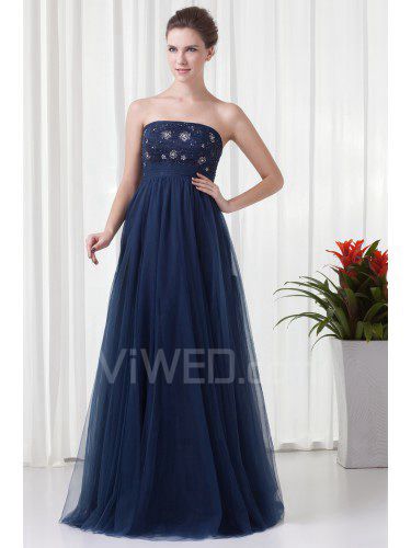 Chiffon and Net Strapless A-line Floor Length Embroidered Prom Dress