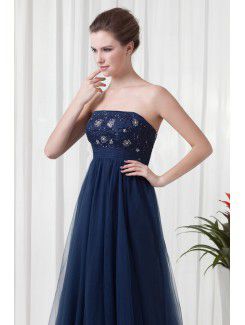 Chiffon and Net Strapless A-line Floor Length Embroidered Prom Dress