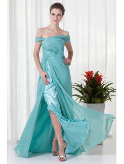 Chiffon off-the-skulder kolonne gulv lengde brodert festkjoler