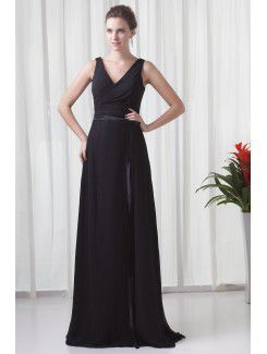 Chiffon V-Neckline Column Sweep Train Sash Prom Dress