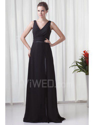 Chiffon V-Neckline Column Sweep Train Sash Prom Dress