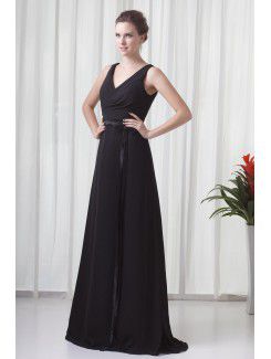 Chiffon V-Neckline Column Sweep Train Sash Prom Dress