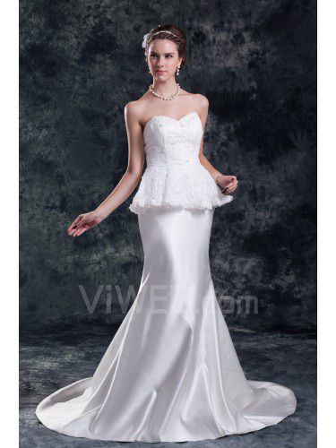 Satin Sweetheart Sweep Train Sheath Embroidered Wedding Dress