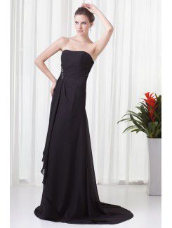 Chiffon Strapless Column Sweep Train Embroidered Prom Dress