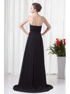 Chiffon Strapless Column Sweep Train Embroidered Prom Dress