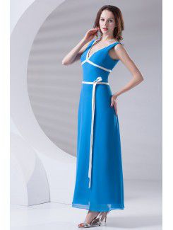 Satin V-Neckline A-line Ankle-Length Sash Prom Dress