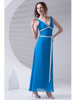 Satin V-Neckline A-line Ankle-Length Sash Prom Dress