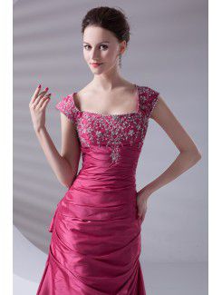 Taffeta Portrait A-line Floor Length Embroidered Prom Dress