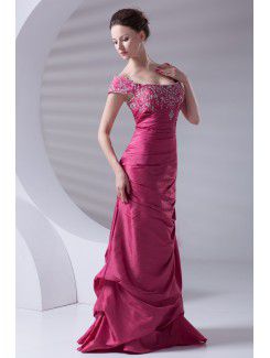 Taffeta Portrait A-line Floor Length Embroidered Prom Dress