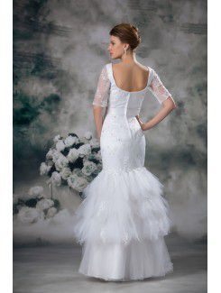 Net and Lace Square Floor Length Mermaid Half-Sleeves Wedding Dress