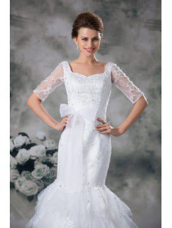 Net and Lace Square Floor Length Mermaid Half-Sleeves Wedding Dress