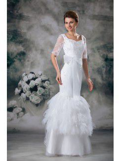 Net and Lace Square Floor Length Mermaid Half-Sleeves Wedding Dress