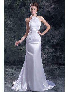 Chiffon and Satin Jewel Chapel Train Column Wedding Dress