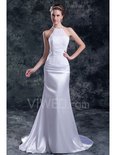 Chiffon and Satin Jewel Chapel Train Column Wedding Dress