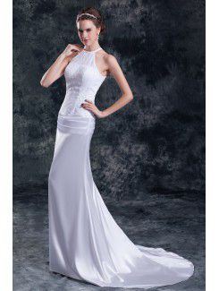 Chiffon and Satin Jewel Chapel Train Column Wedding Dress