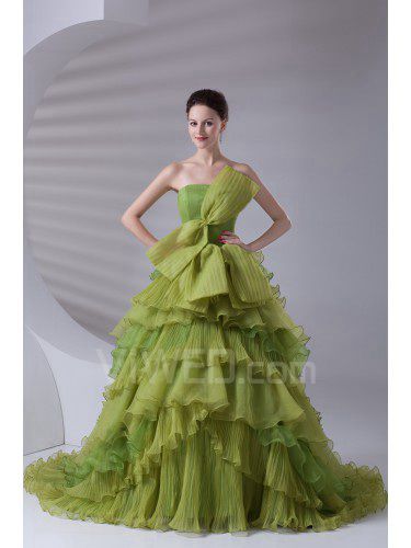 Organza strapless uma linha de trem de varredura arco vestido de baile